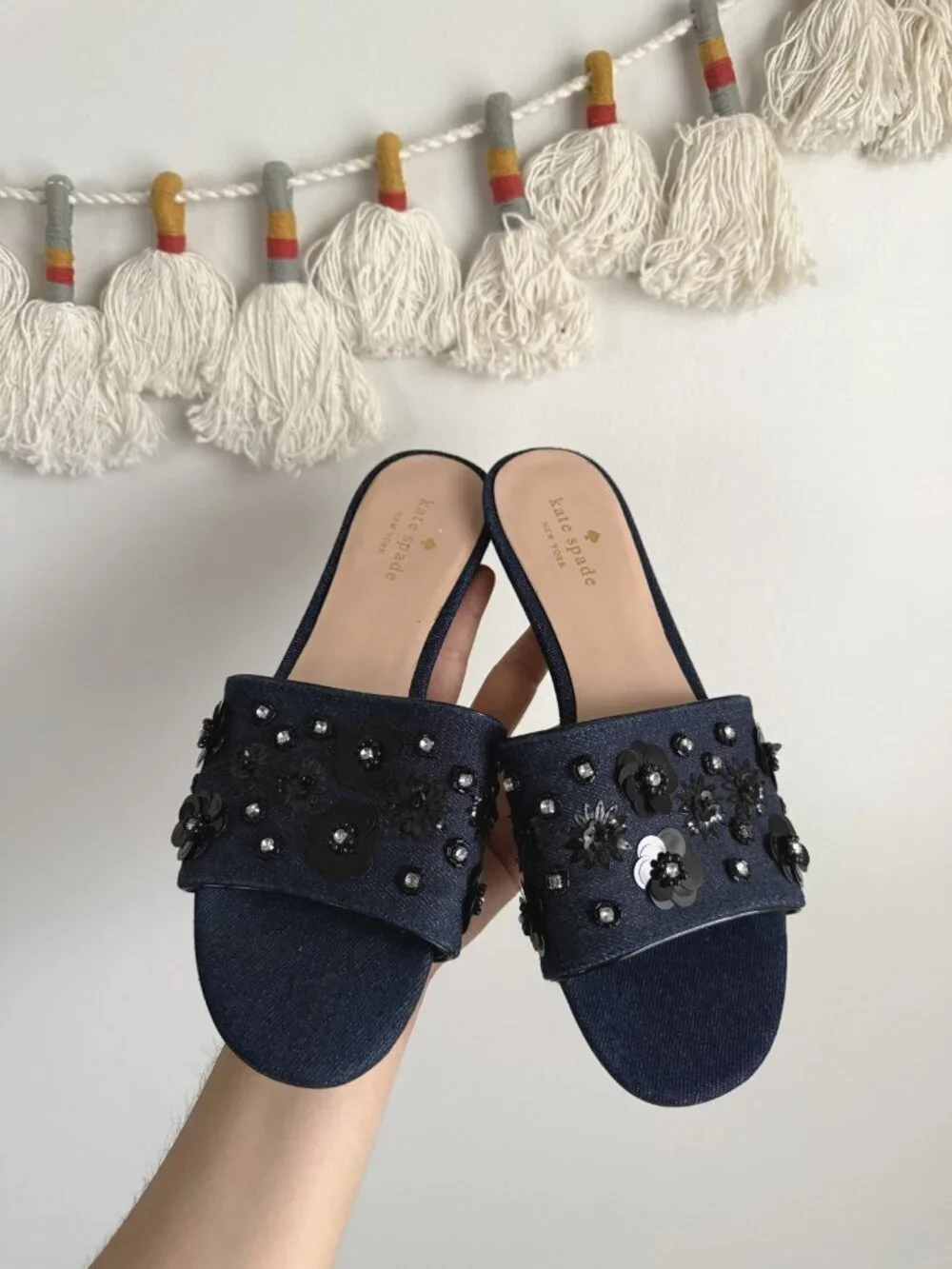 Kate Spade Alice Denim Sequin Flowers Slide Sandals Blue Glam Feminine Coquette